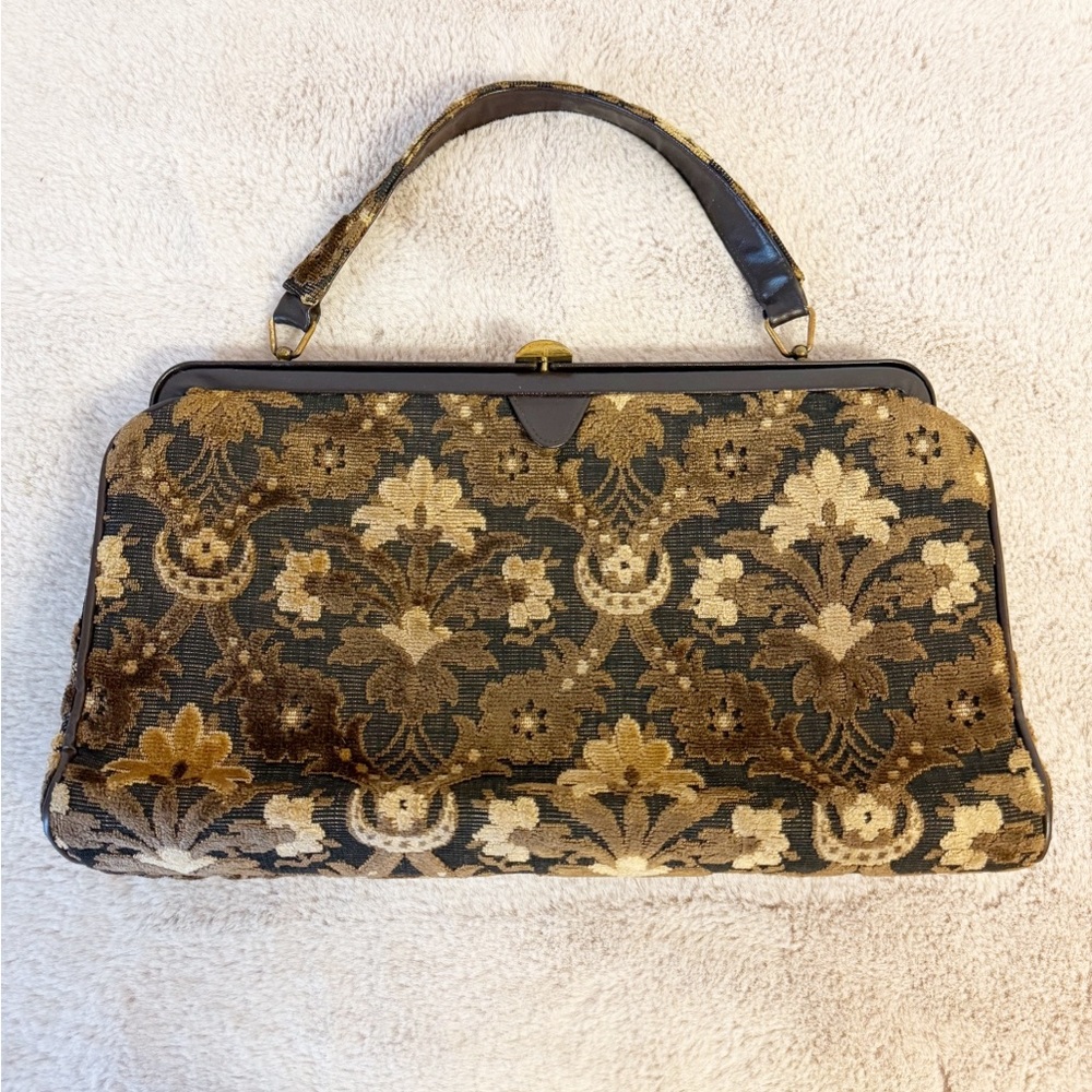 VINTAGE 1950s Brown Floral Carpet Style Shoulder Bag